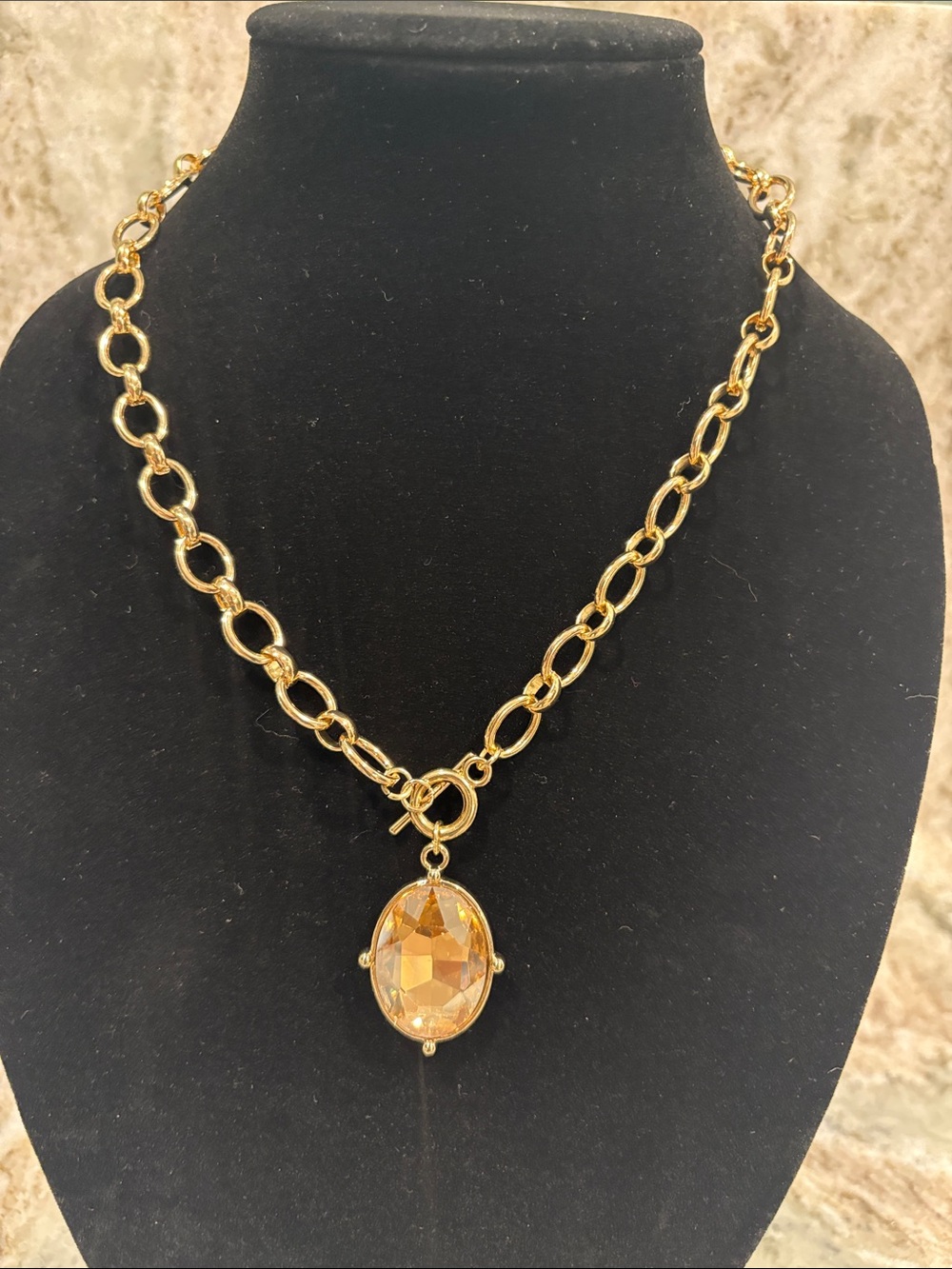Gold Chain Necklace with Amber Pendant - Unbranded